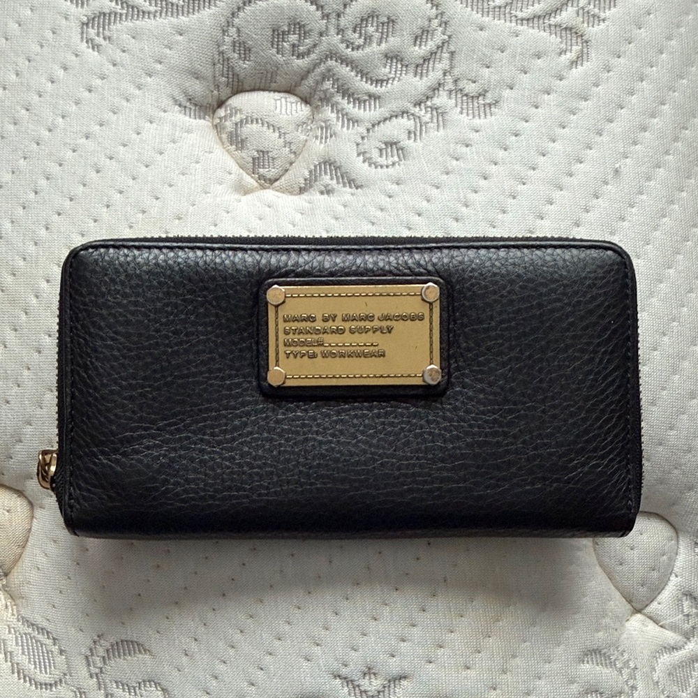 Marc Jacobs Black Leather Wallet with Gold Accents